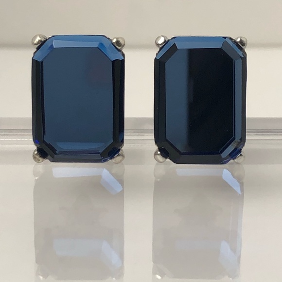 VTG EMERALD CUT BLUE MIRROR GLASS EARRINGS - Picture 6 of 13